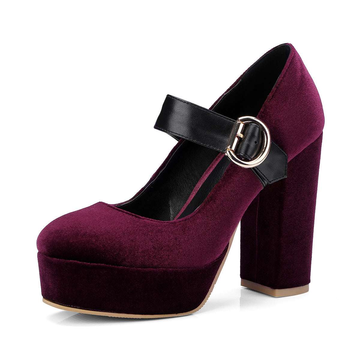 Beautiful Velour Block Heel Mary Jane Shoes