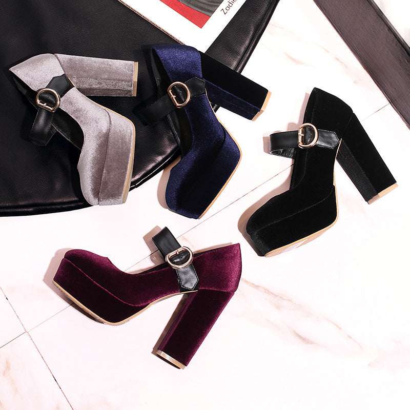 Beautiful Velour Block Heel Mary Jane Shoes