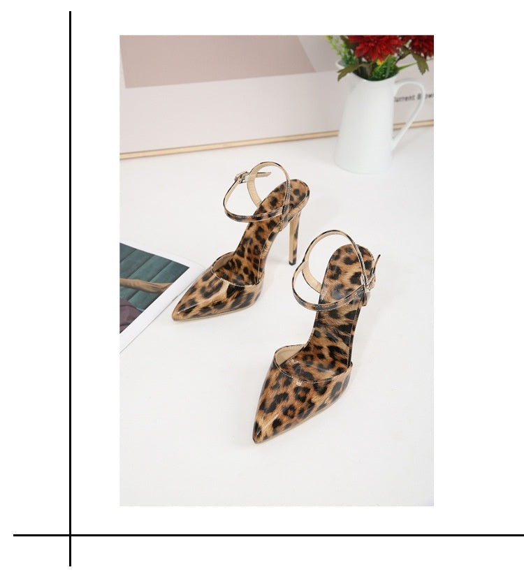 Stiletto Leopard Print Patent Leather Shallow Mouth Pointed Women's High Heels