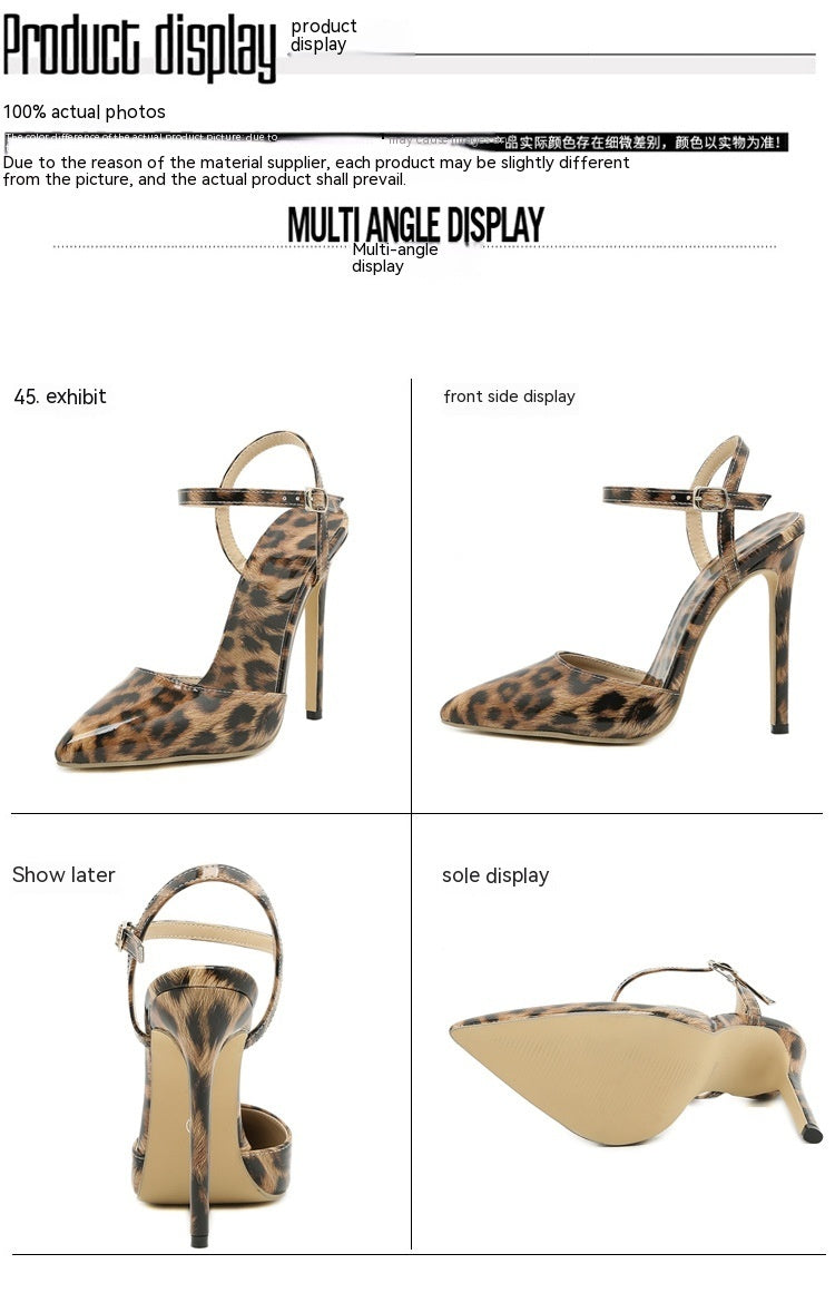 Stiletto Leopard Print Patent Leather Shallow Mouth Pointed Women's High Heels