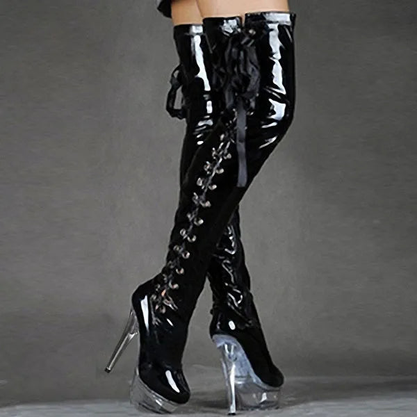 15CM High Heel Overknee Stiefel Pole Dance Kristall Plateau