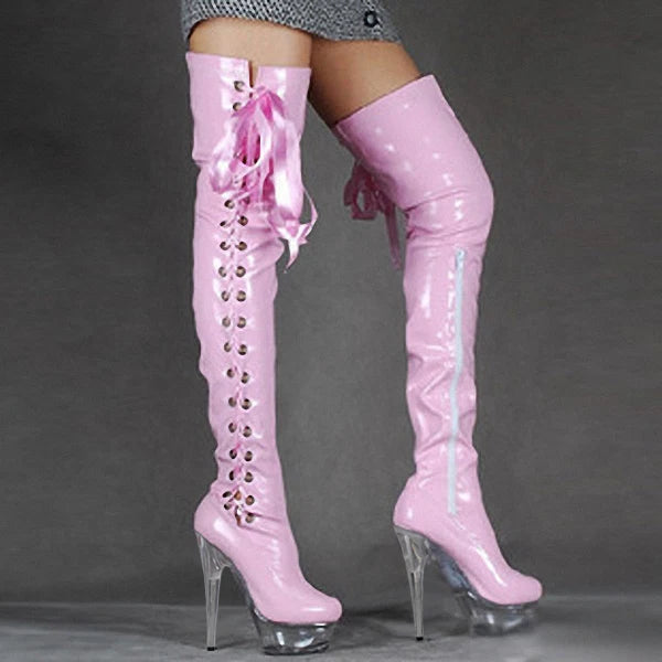 15CM High Heel Overknee Stiefel Pole Dance Kristall Plateau
