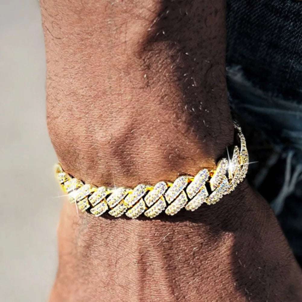 14MM Cuban Link Iced Out 2 Row Rhinestone Bracelet Hip Hop Jewelry