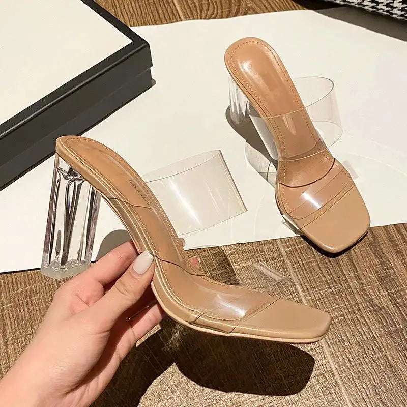 Womens Sandals 9cm Jelly Slippers Open Square Toe High Heel Transparent Sandals