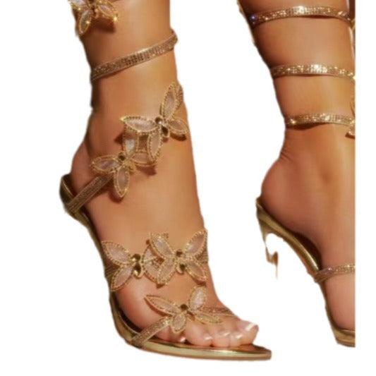Strass glänzende Schmetterlings-Riemchensandalen mit Stiletto-Absatz