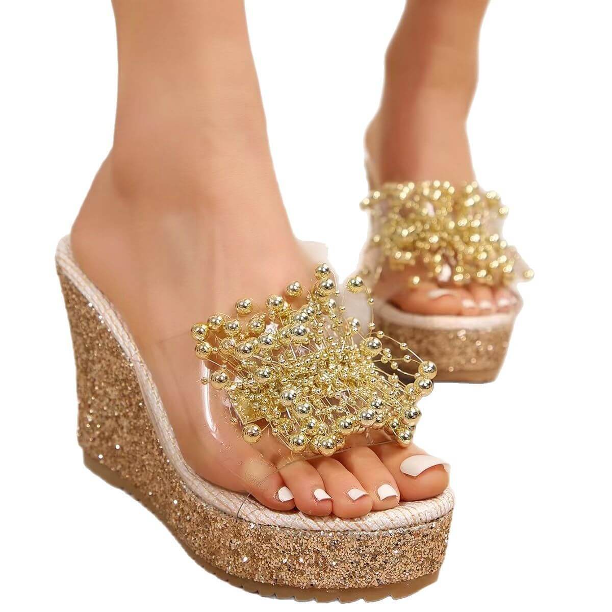 Damen-Plateausandalen mit glitzerndem Keilabsatz und Metallblumendetail