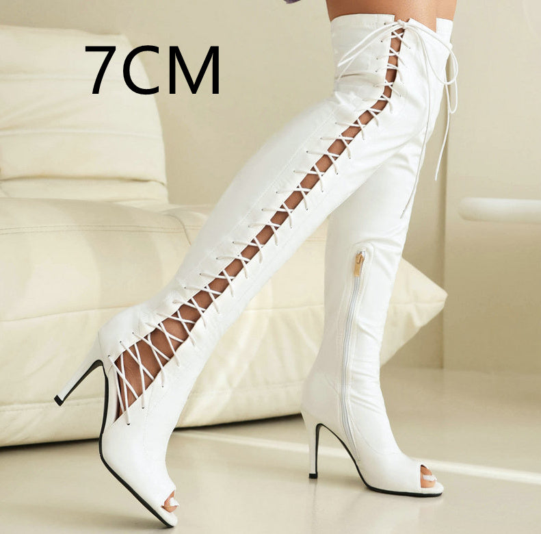 Patent Stretch Over-the-knee Open Toe Side Lace Up Boots