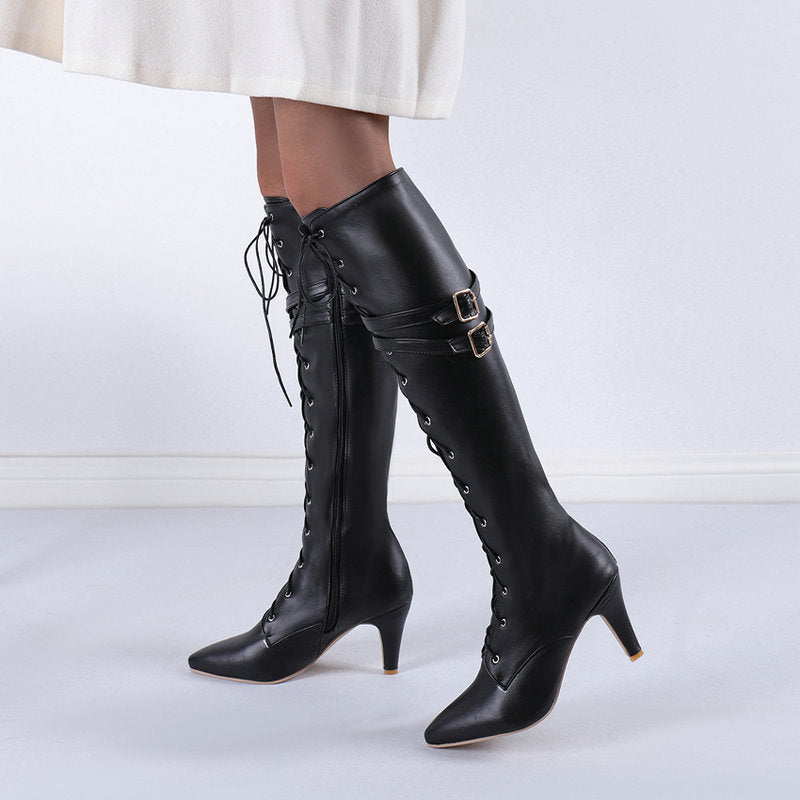 Unisex Steampunk Pointed Toe Belt Buckle Stiletto Heel Lace-up Over Knee Boot