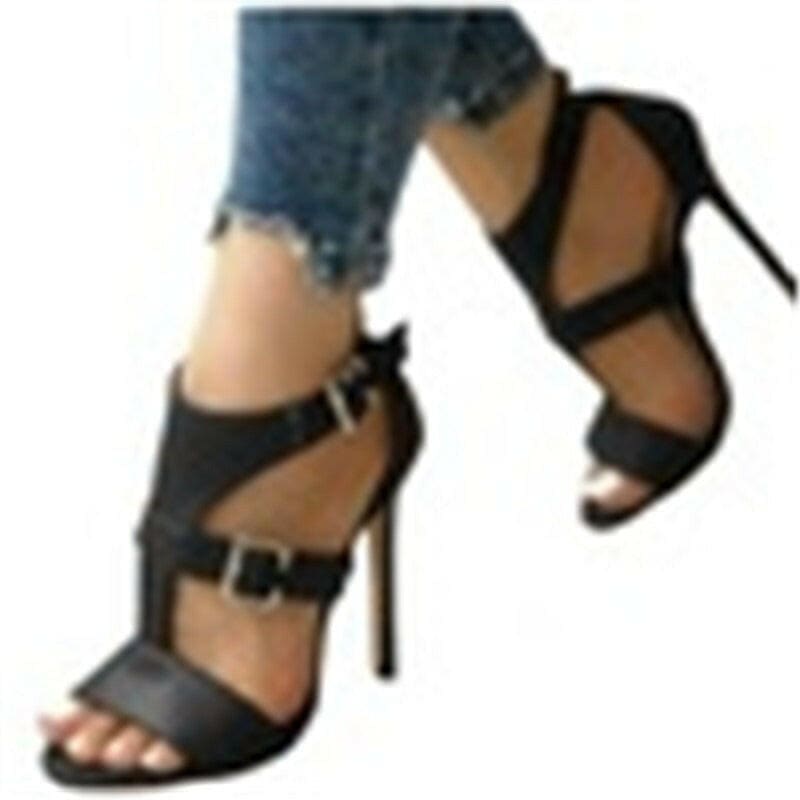 High Heel Summer Thick Heel Buckle Sandals in Black