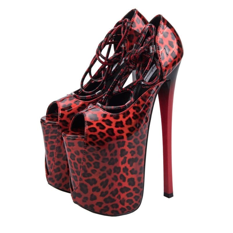 Extremely high platform stiletto heels with a red leopard print pattern and peep-toe design.
