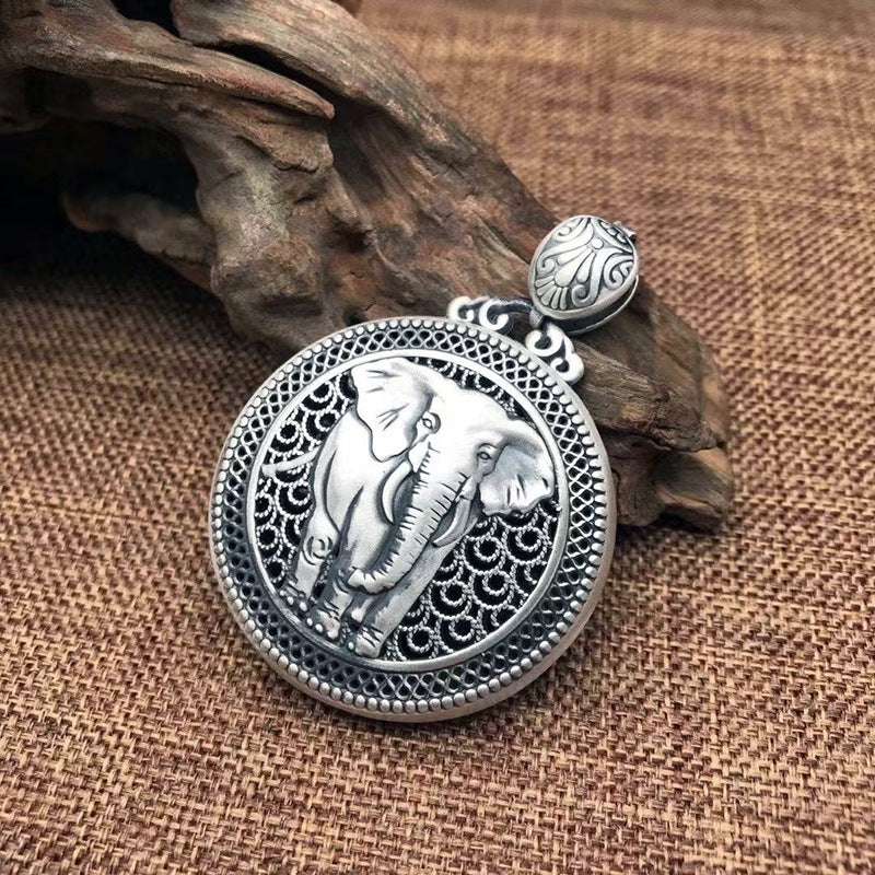 Elephant Pendant With Buddhist Mantra on Reverse 925 Sterling Silver