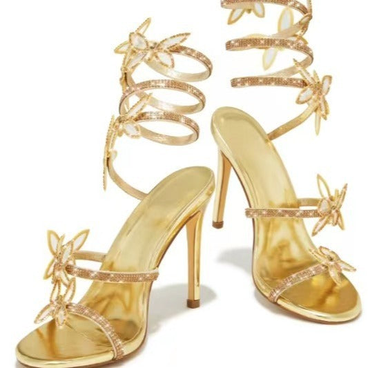 Strass glänzende Schmetterlings-Riemchensandalen mit Stiletto-Absatz