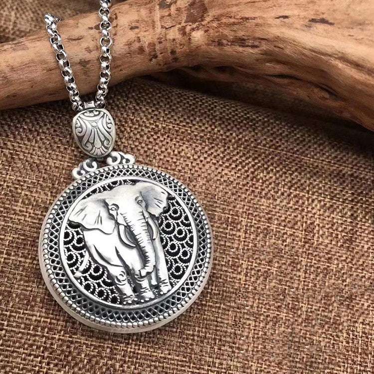 Elephant Pendant With Buddhist Mantra on Reverse 925 Sterling Silver