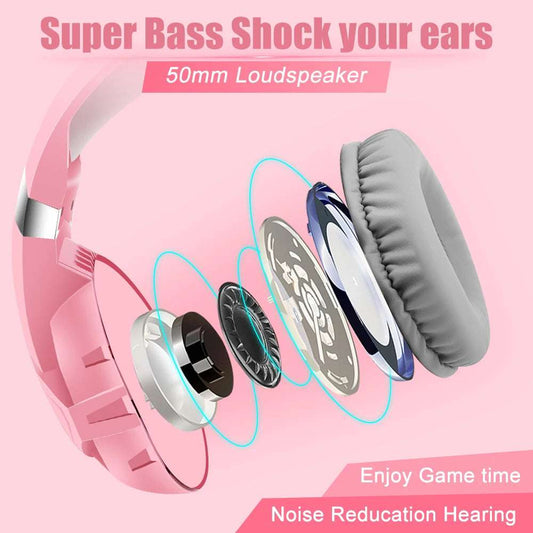 Pink Gaming Headphone With HD Mic Wired Headset For Gamers 3D Sound