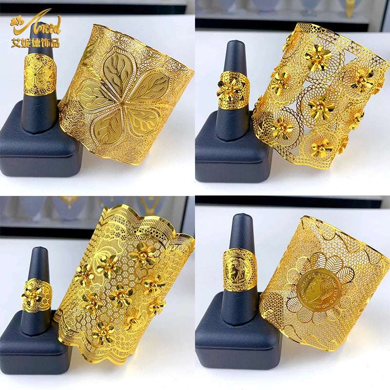 Dubai Gold Colour Wrist Cuff Bangle & Ring Adjustable Wedding Jewelry