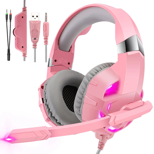 Casque de jeu rose avec micro HD, filaire, son 3D