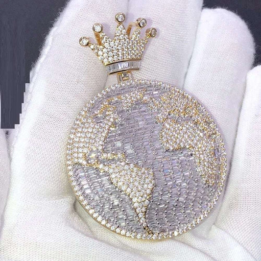 Hip Hop Iced Out Globle Crown Shaped Pendant Necklace With Rope Chain