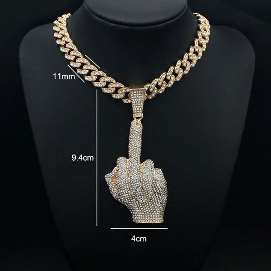 Pendentif Hip Hop Iced Out avec doigt d'honneur et chaîne cubaine en cristal de 11 mm