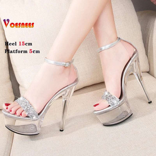 Transparent Rhinestone Women Crystal 15CM Platforms High Heel Sandals