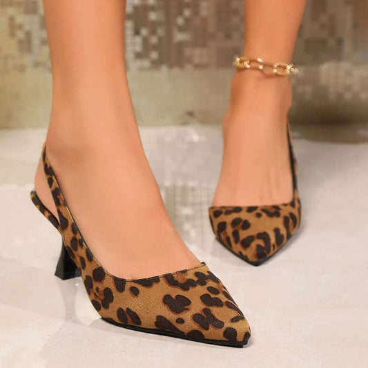 Womens Kitten Heel Slingback Leopard Print Pointed Toe Shoes