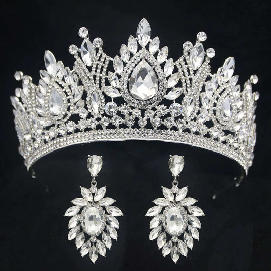 Luxury Womens Water Drop Crystal Tiara Bridal Crown With Earrings