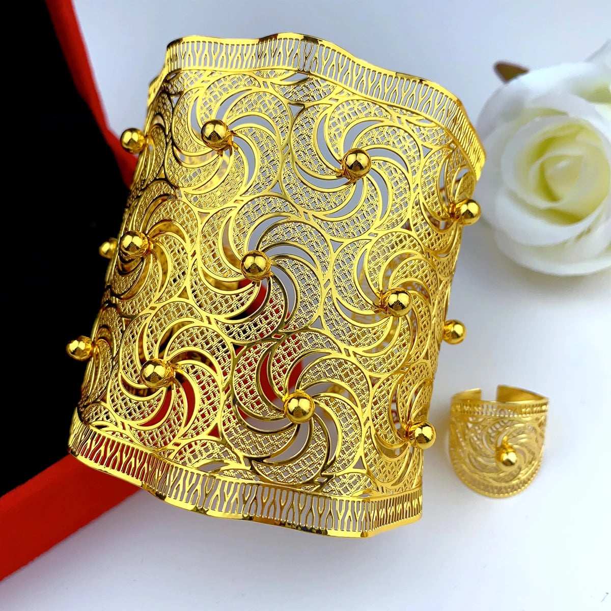 Dubai Gold Colour Wrist Cuff Bangle & Ring Adjustable Wedding Jewelry