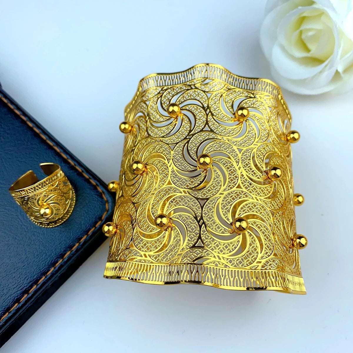 Dubai Gold Colour Wrist Cuff Bangle & Ring Adjustable Wedding Jewelry