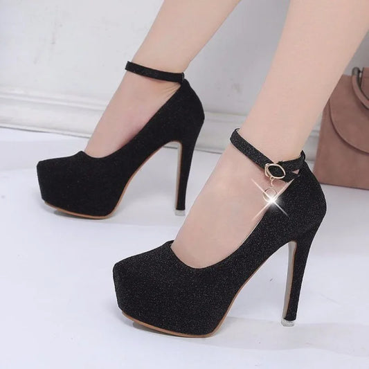 Chaussures de mariée à talons hauts et paillettes pour femmes, noires ou argentées