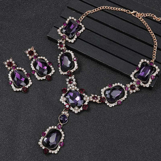 Royal Jewellery Set Wedding Chunky Crystal Earrings Purple Rhinestone Choker Necklace