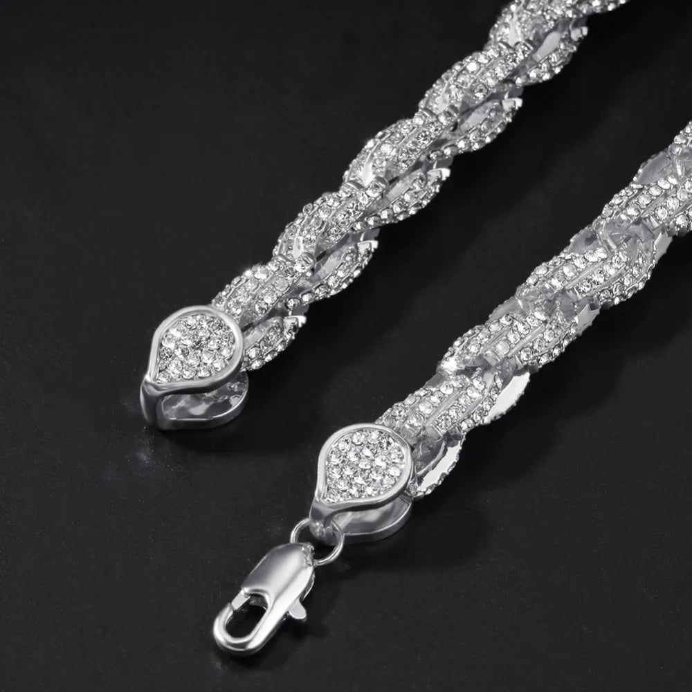 Unisex 9mm Dicke Iced Out Hiphop Seil Kette Halskette Silber, Gold oder Roségold