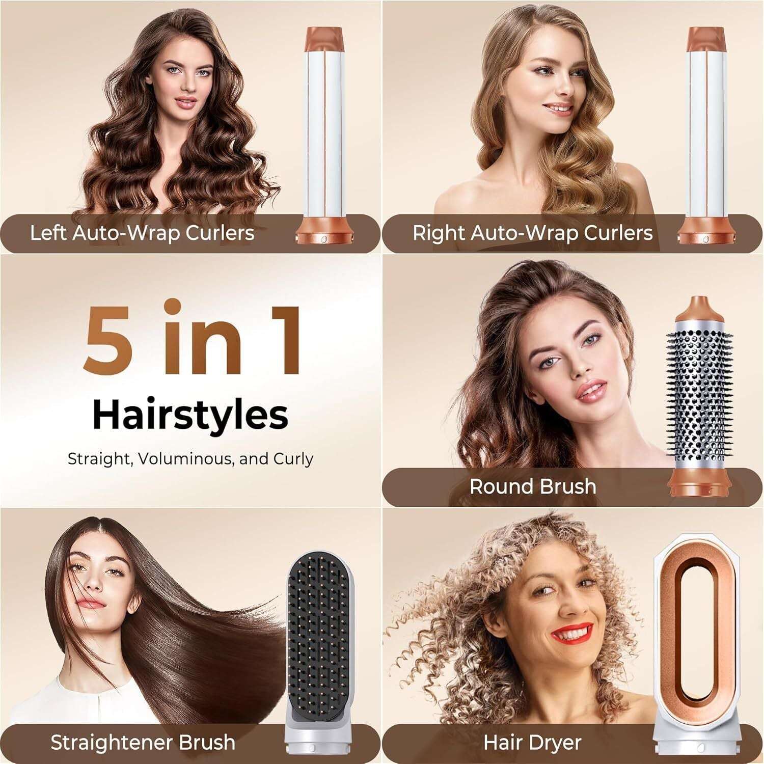 5 IN 1 Pro Air Wrap Blow Hair Styler Curler Straightener Hot Air Comb Brush Gift