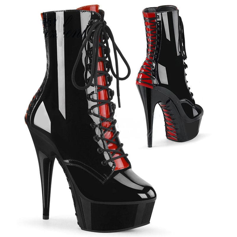 High-heeled platform boots with lace-up fronts and patent leather accents in black and red.