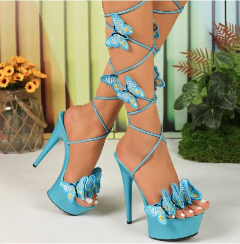 Damen Plateau High Heel Sandalen mit offener Spitze und Schmetterlingsdesign