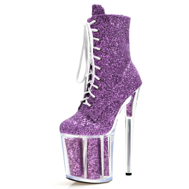High Heel Glittered Lace Up Platform Dancer Boots Purple / 5