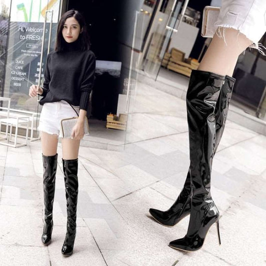 Tall black leather high-heeled boots reaching above the knee.
