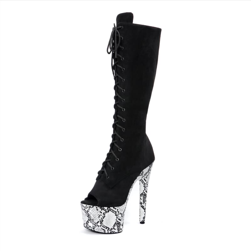 High Platform Heel Lace Up Peep Toe Knee High Boots Snake