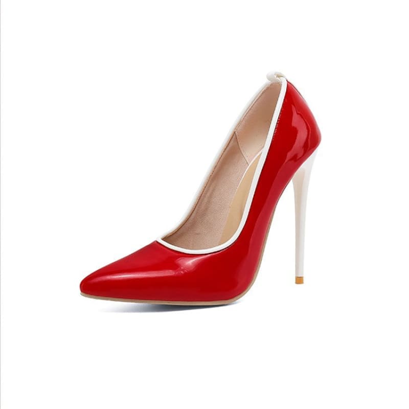 Red high-heeled pump with a pointed toe and white stiletto heel.