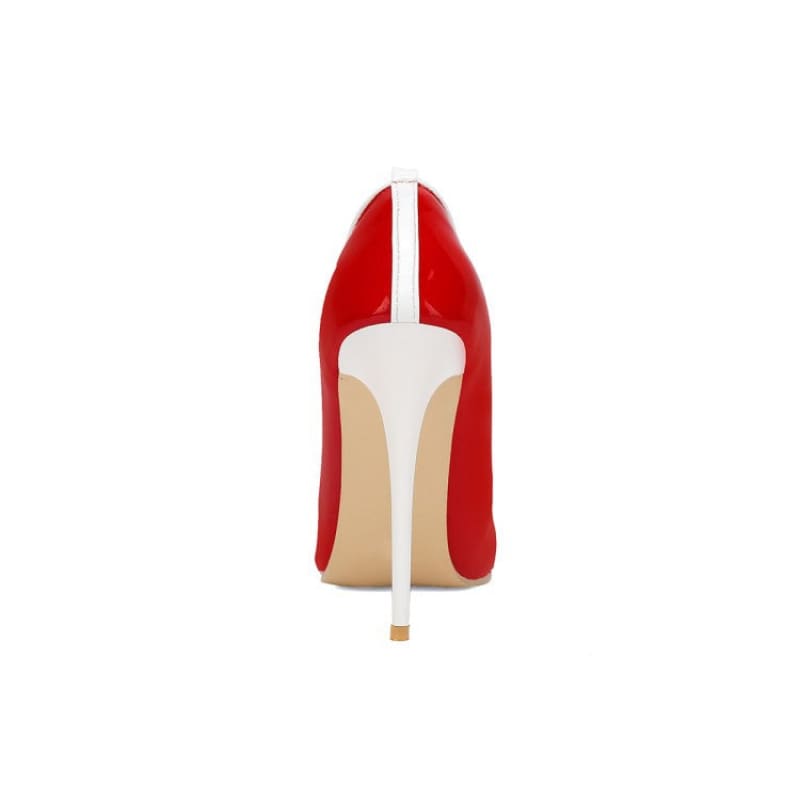 Red high-heeled shoe with a white stiletto heel.
