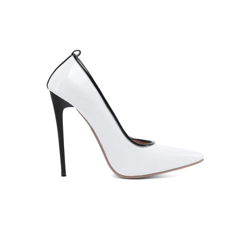 White high-heeled pump with a black stiletto heel and pointed toe.