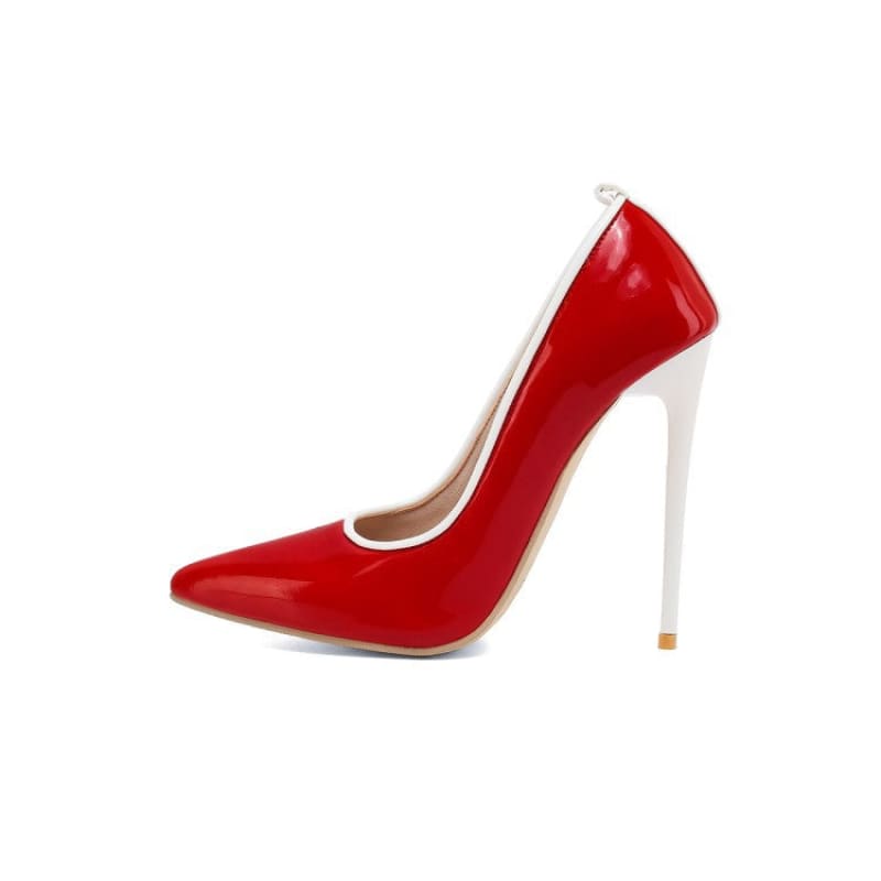 Red high-heeled pump with a white stiletto heel.