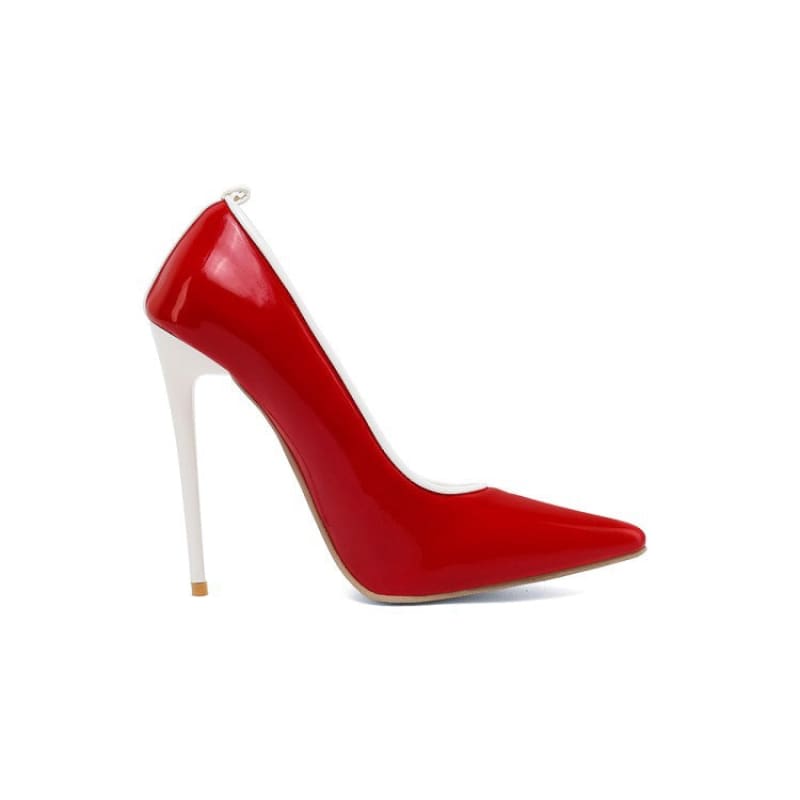Red high-heeled pump with a white stiletto heel.
