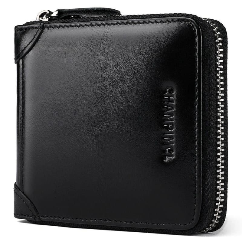 Black leather wallet with a zipper closure.