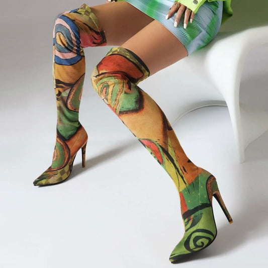 Plus Size Art Graffiti Knee Boots Pointed Toe Ultra-High
